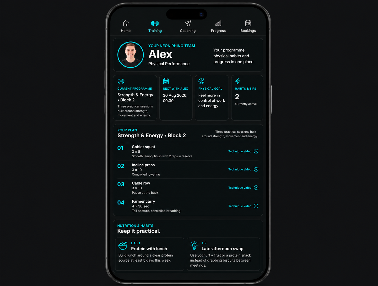 Neon Rhino client app simulation showing Alex, a training plan, technique videos, goals and nutrition support.